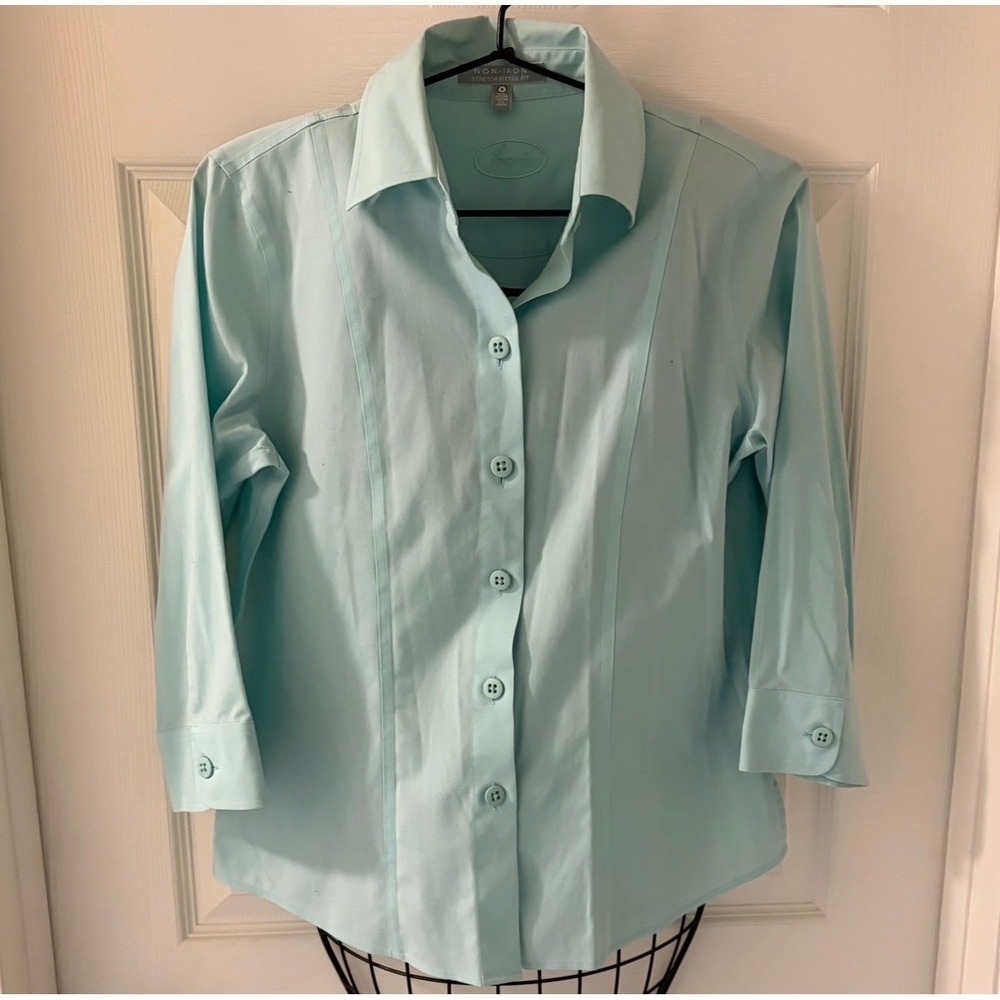 Foxcroft Womens Non-Iron Stretch Fitted Shirt Aqua Blue 3/4 Sleeve Size 4 EUC